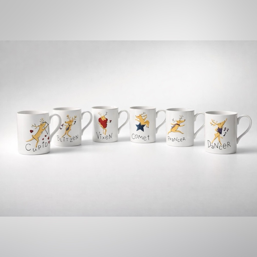 Pottery Barn Reindeer Mugs Set of 6 - Whimsical Retired Holiday NWOB
